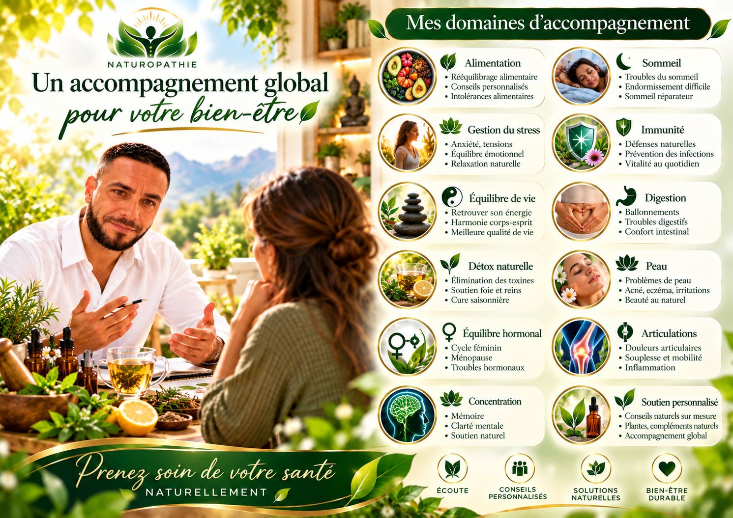 Mes domaines d'accompagnement : alimentation, sommeil, gestion du stress, immunité, équilibre de vie, digestion, détox naturelle, peau, équilibre hormonal, articulations, concentration, soutien personnalisé