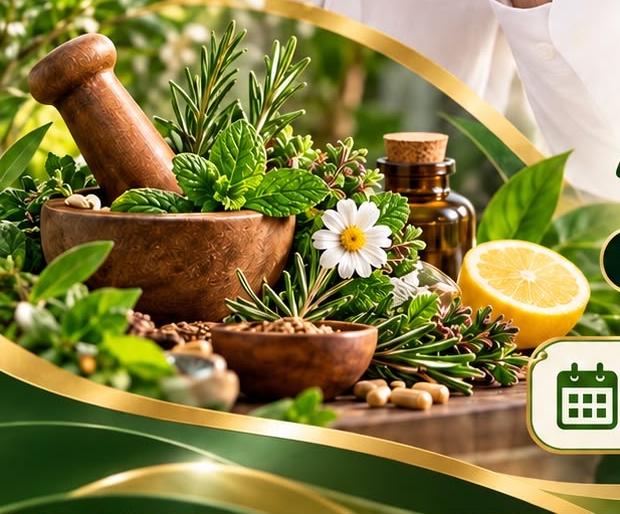 Mortier en bois, plantes aromatiques, fleurs de camomille et flacon d'extrait